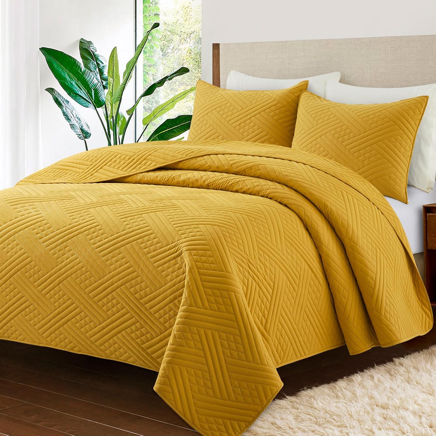 Safonory California King Quilt Set Mustard Yellow