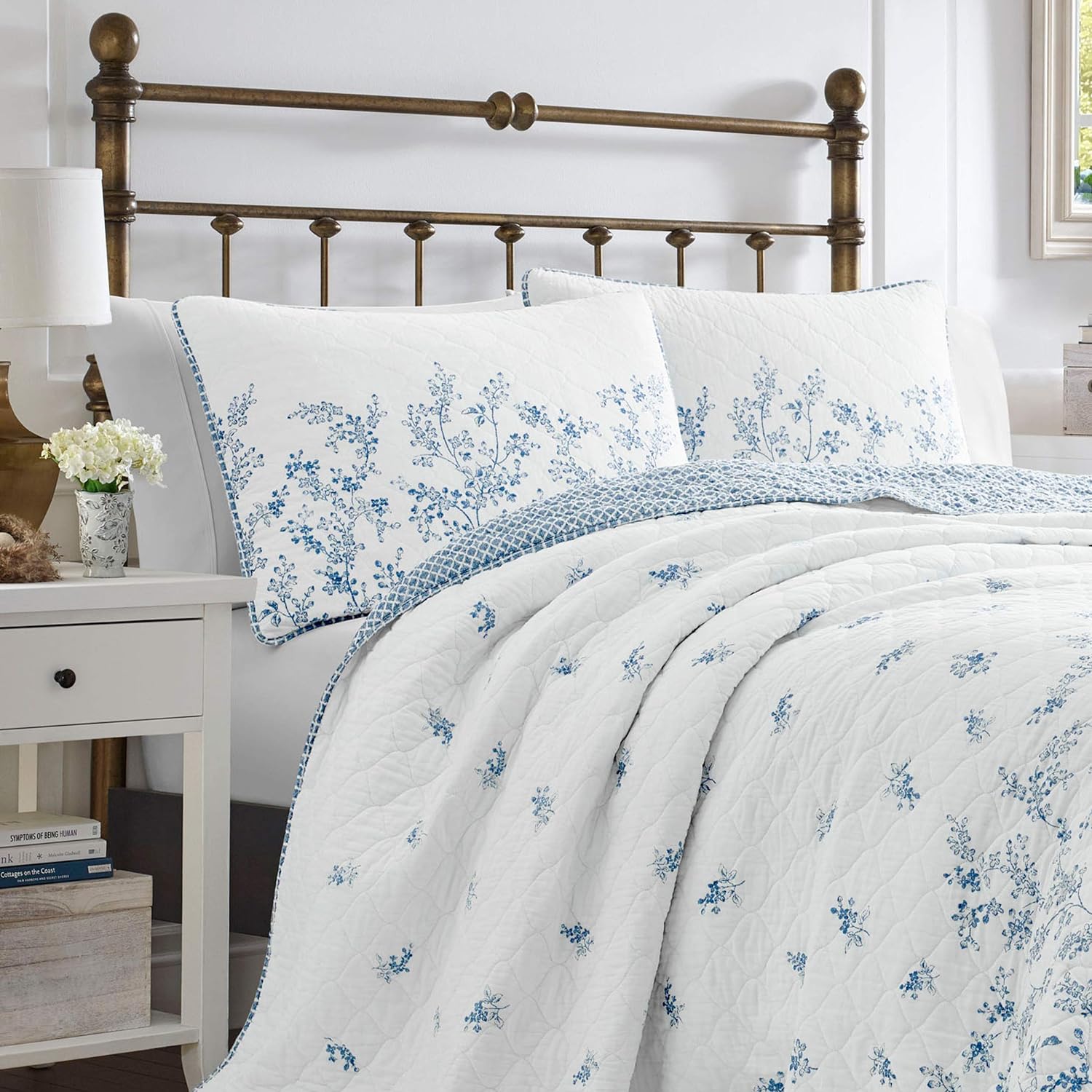 Laura Ashley Twin Quilt Set - Flora Blue Reversible Cotton Bedding