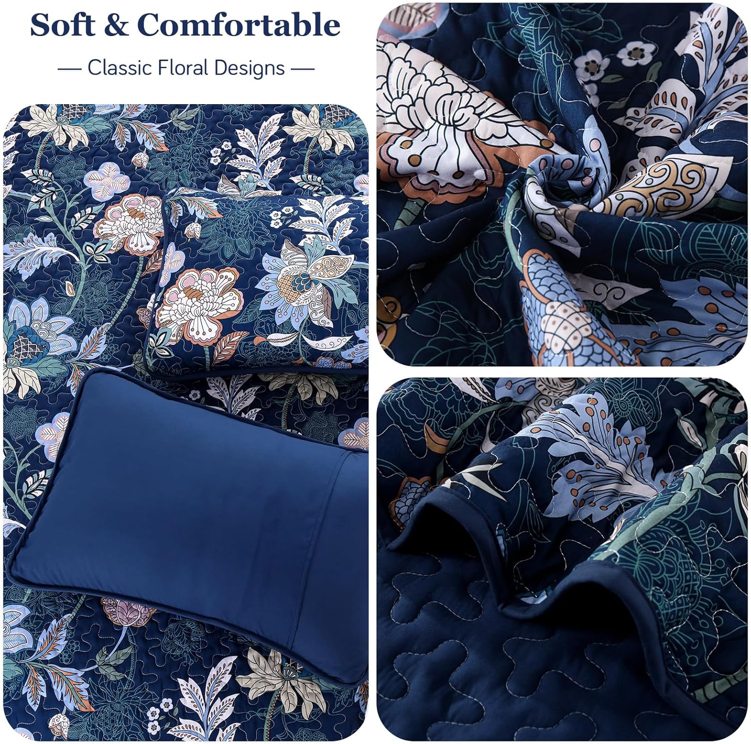 WONGS BEDDING Queen Quilt Set 3 PC Navy Blue Floral Bedspread