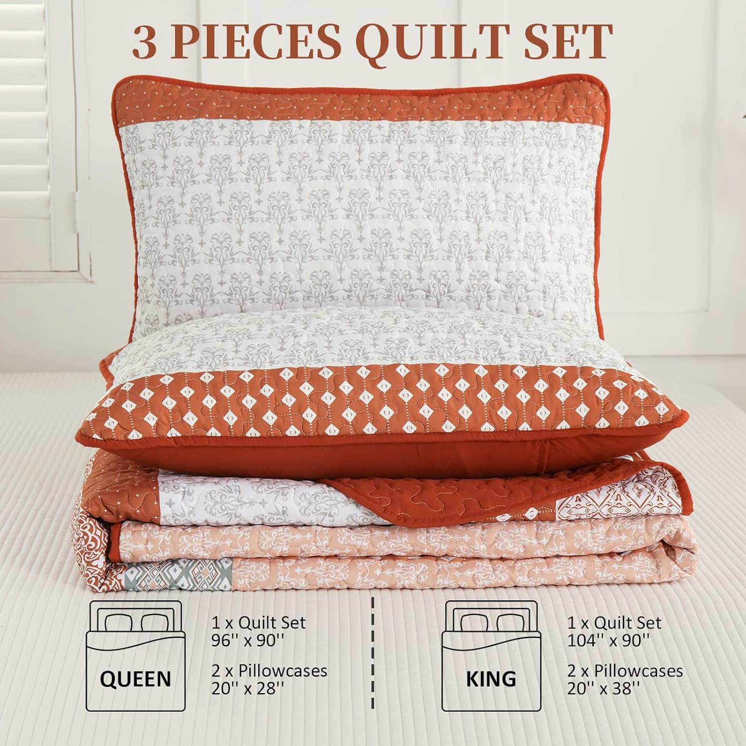 WONGS BEDDING Burnt Orange Boho Quilt Set Queen Size 3 Pieces