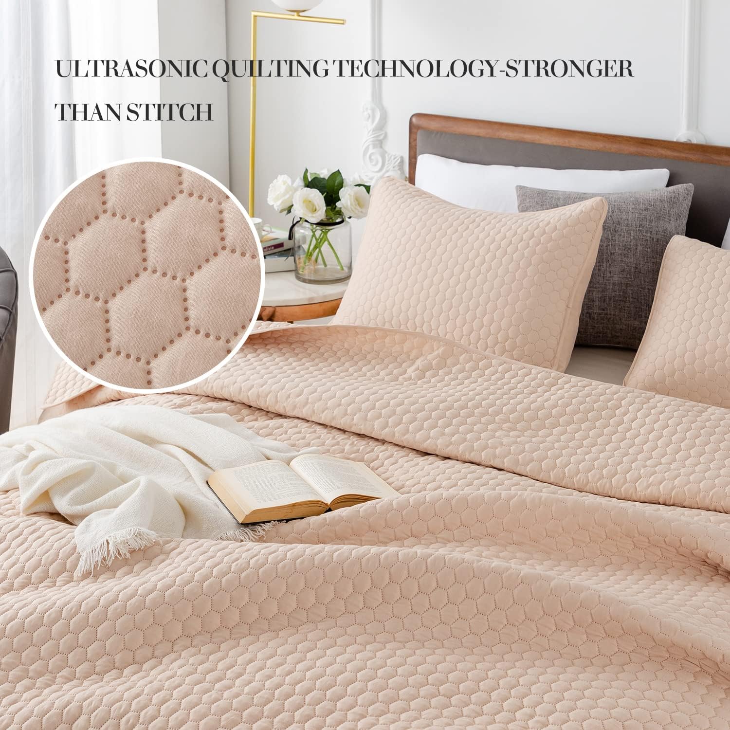 HENGWEI Queen Quilt Set with Champagne Gold Design