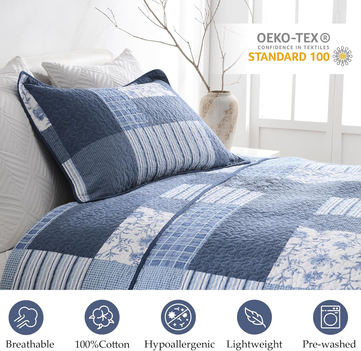 CozyStitch Plaid Queen Quilt Set - BlueWhite