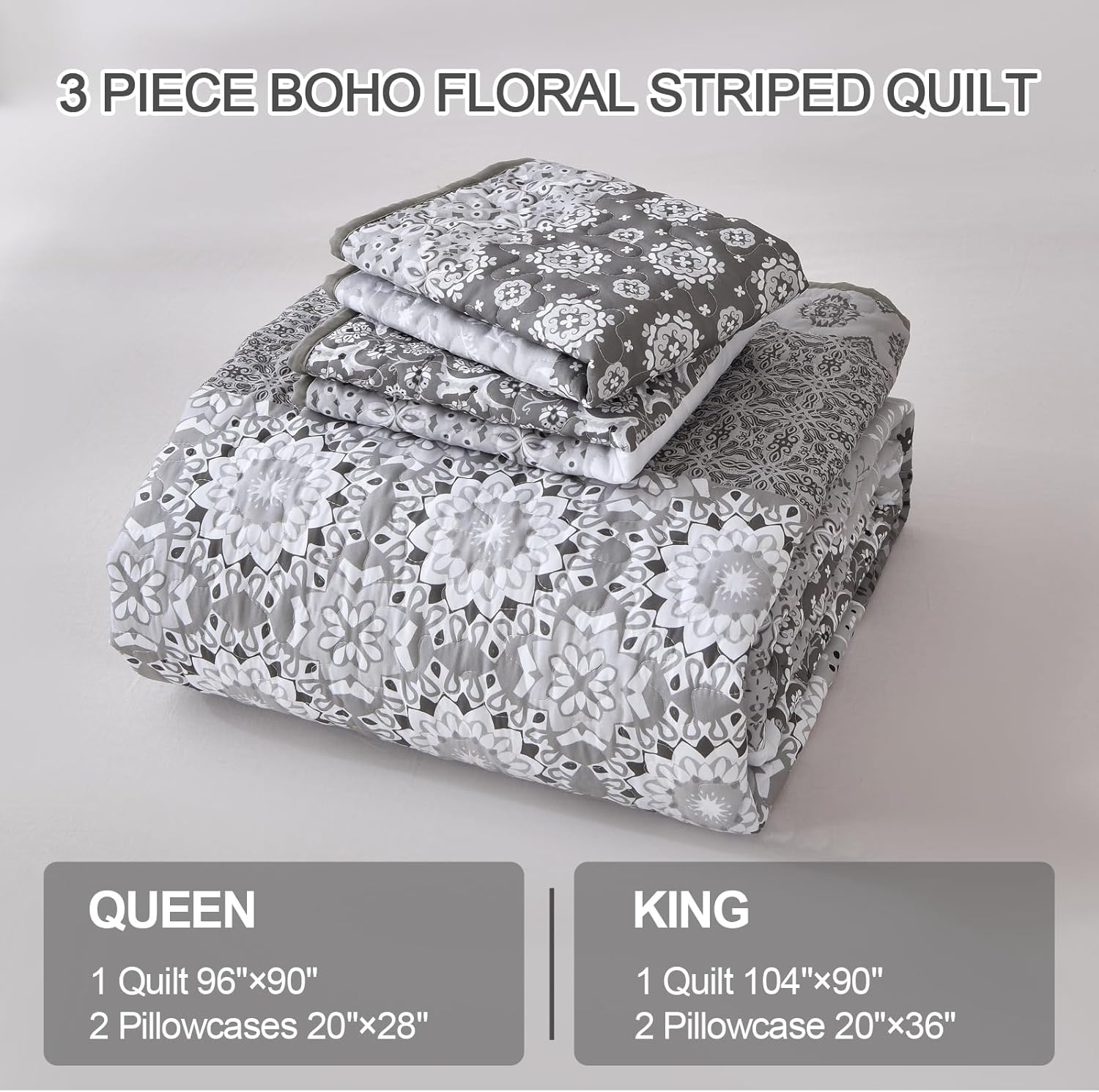 Grey Boho Quilt Set with 2 Pillowcases