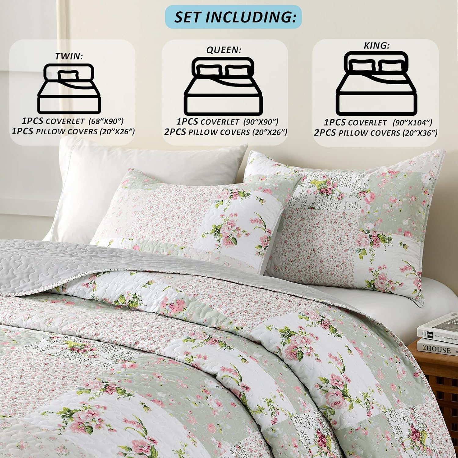 HIARUO 3PCS Queen Quilt Set Floral Patchwork Comforter Bedspread