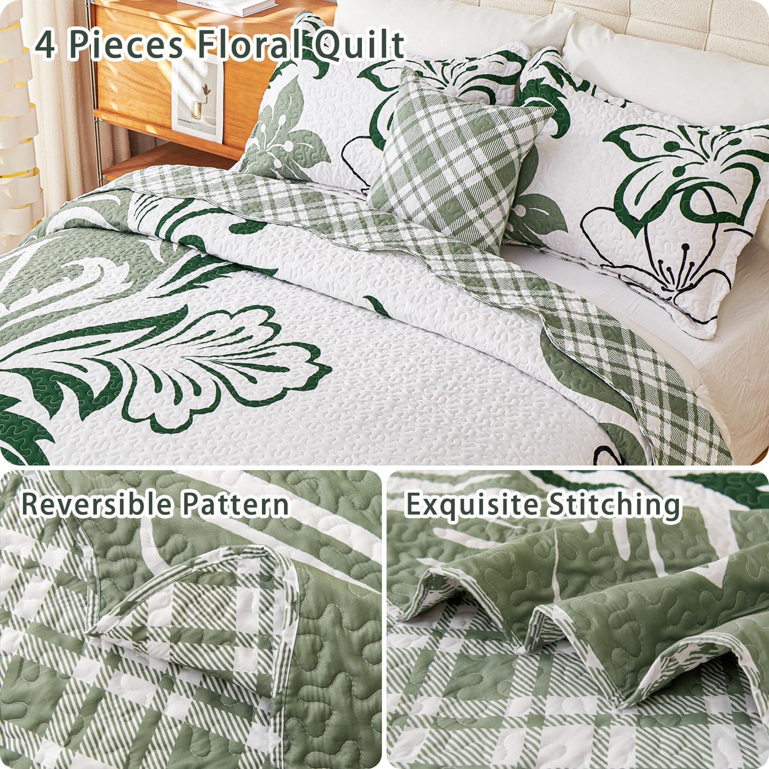 EVENHUG 4 Piece Floral Quilt Set Queen Size