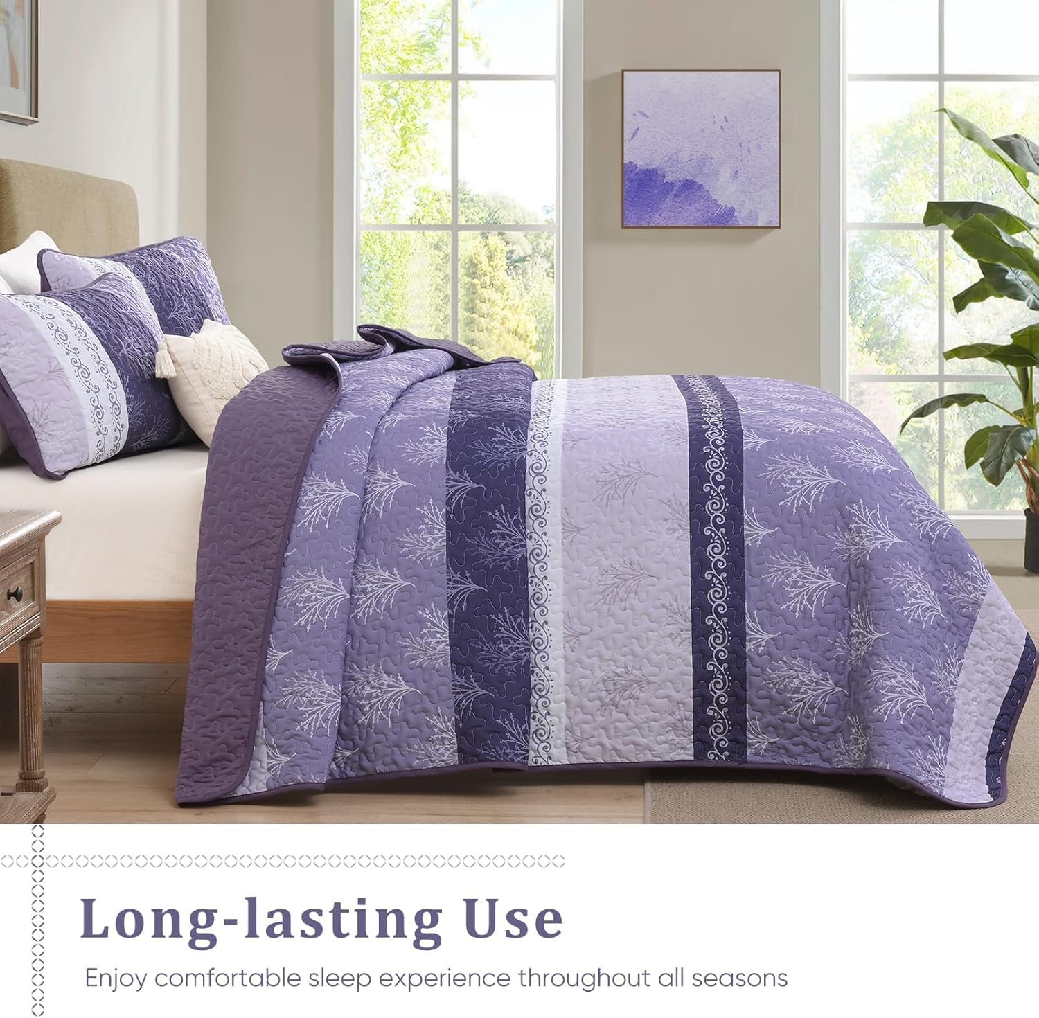 DJY Boho Quilt Set King Size Purple Striped Bedspread