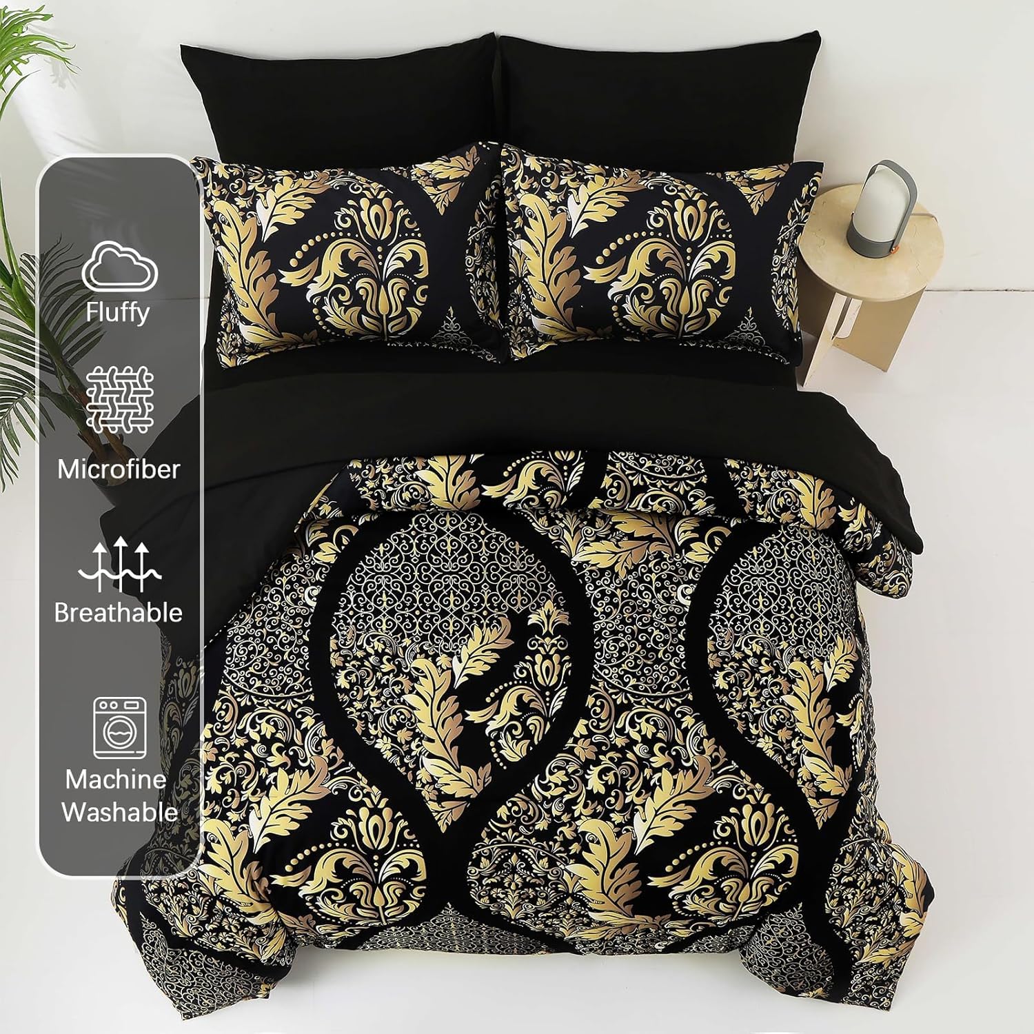 Anibedding Black Gold Damask Comforter Set California King