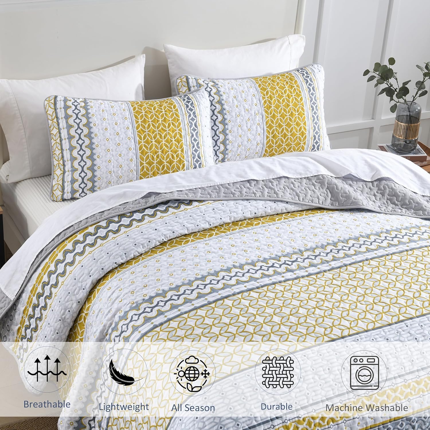 DJY Boho Yellow Grey Striped Quilt Set