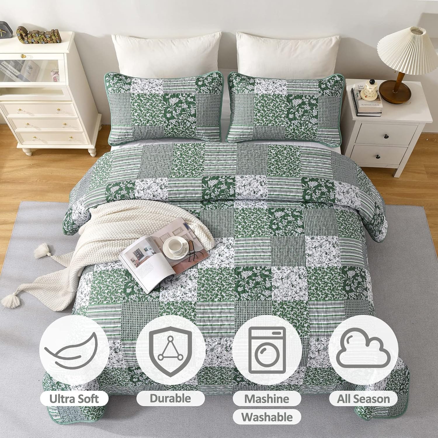 Mybedsoul Green Quilt Set Full Size 3 Pieces