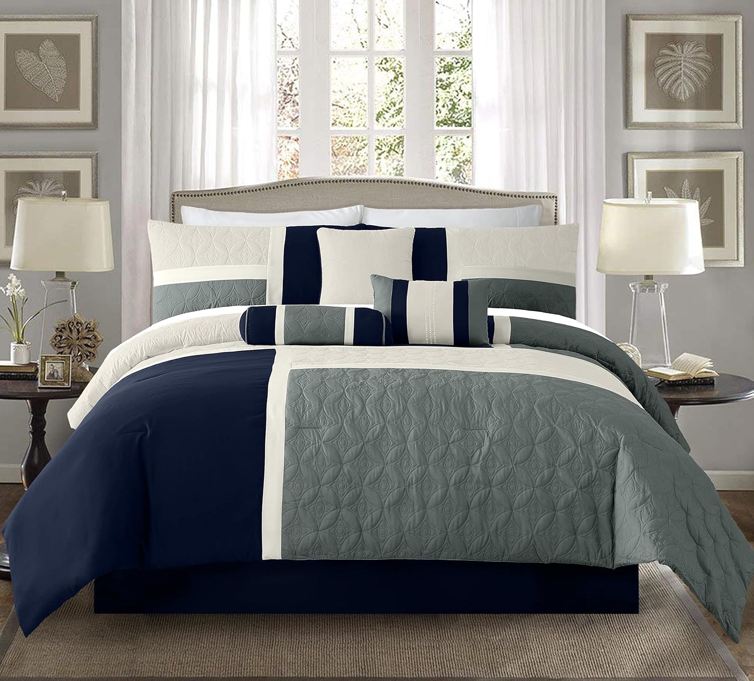 Chezmoi Upland 7-Piece Patchwork Comforter Set NavyBlueGray California King