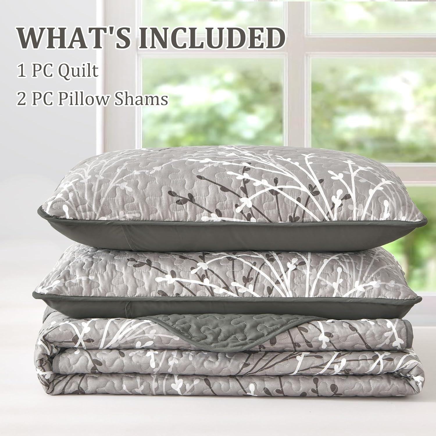Grey Floral Quilt Set 3 Piece Full Size Bedding Cover
