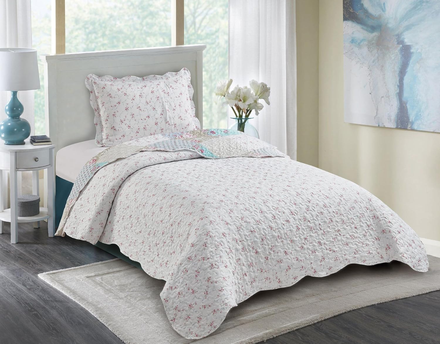 Brilliant Sunshine Blue Green Rose Quilt Set Twin