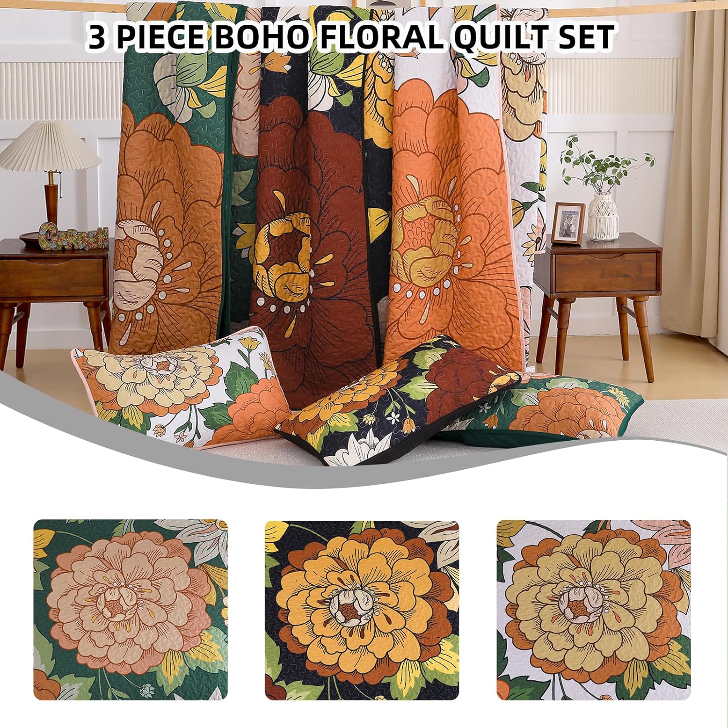 DJY Boho Floral Quilt Set Queen Size 3 Pieces