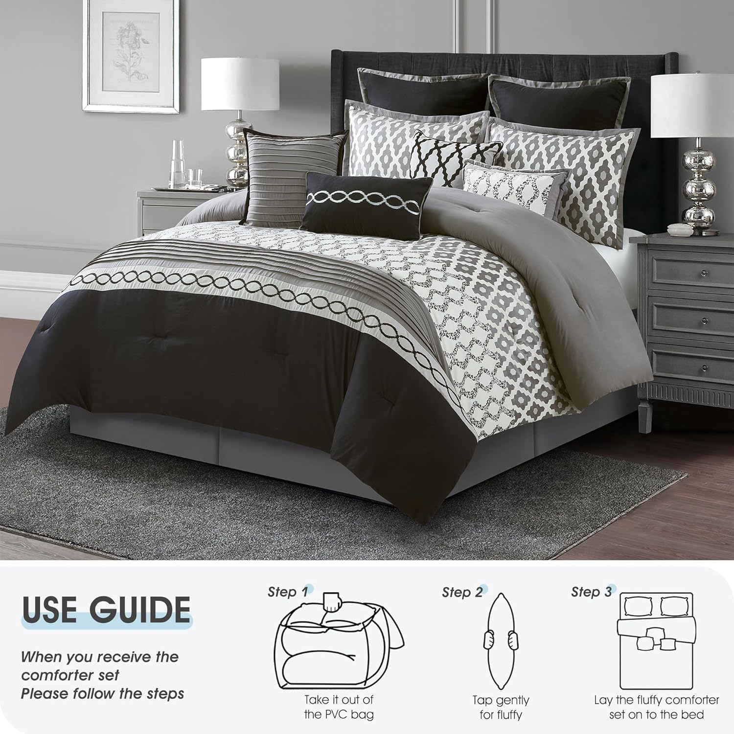 LANCO California King Comforter Set Black 10 Piece 1