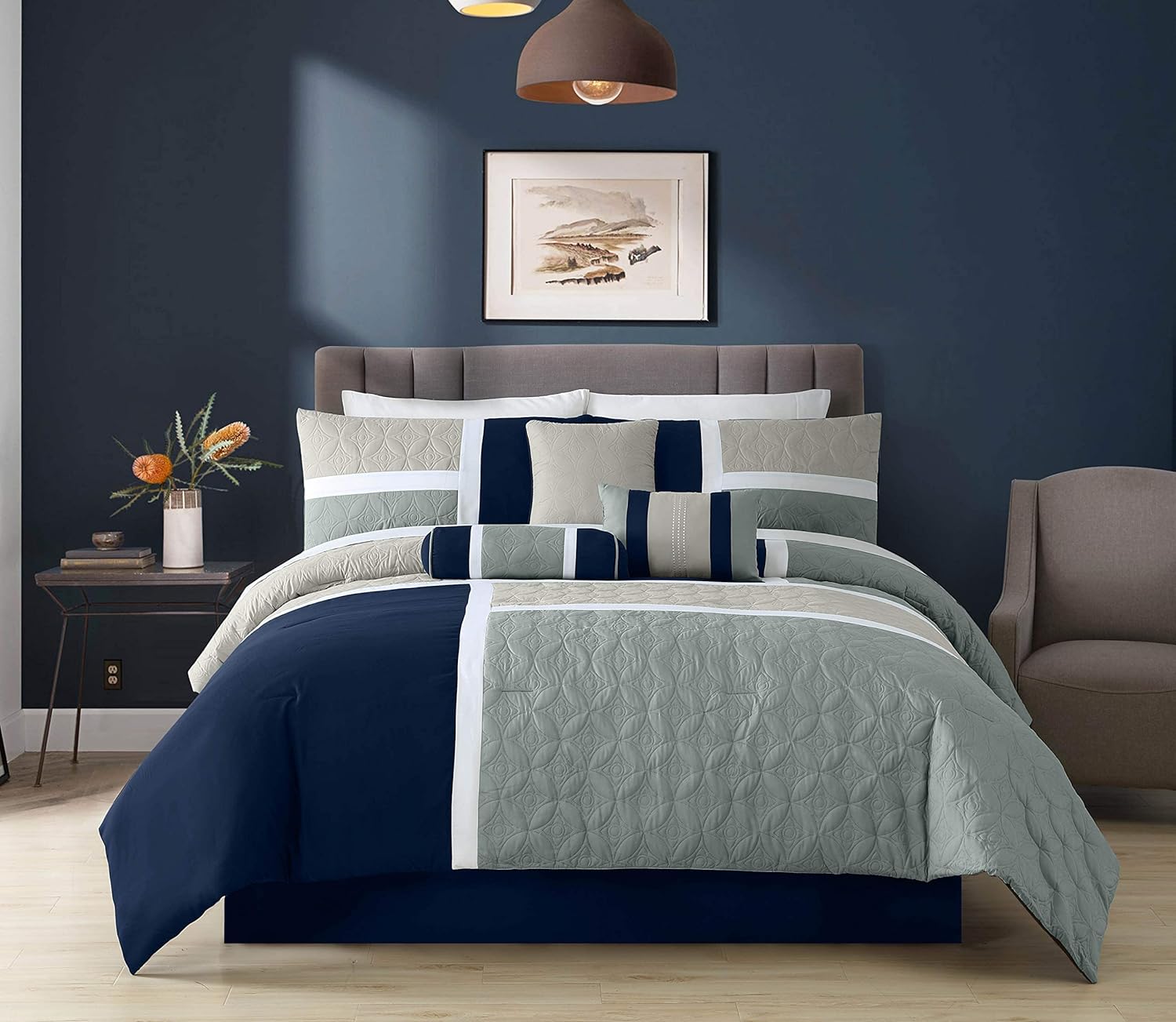 Chezmoi Upland 7-Piece Patchwork Comforter Set NavyBlueGray California King