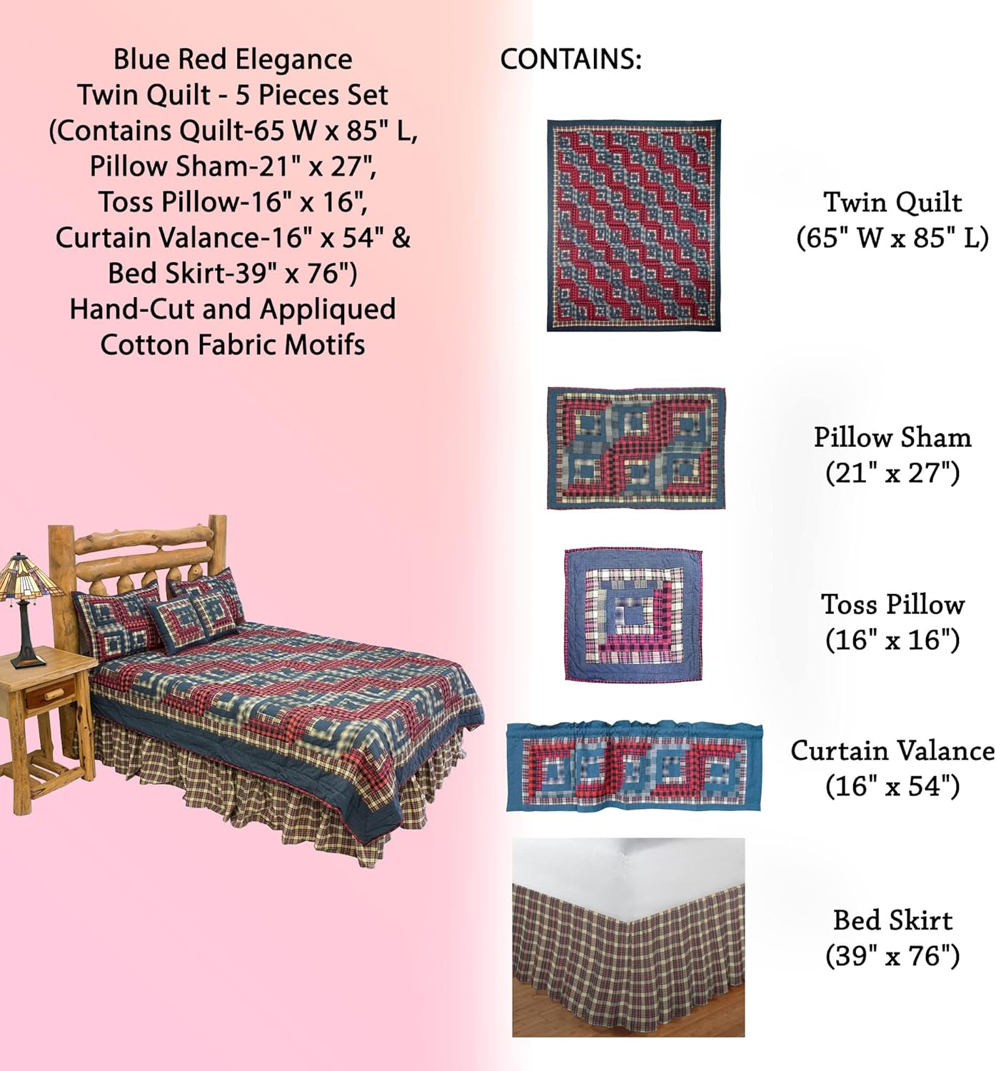 Blue Red Elegance Twin Quilt Set 5 Pieces