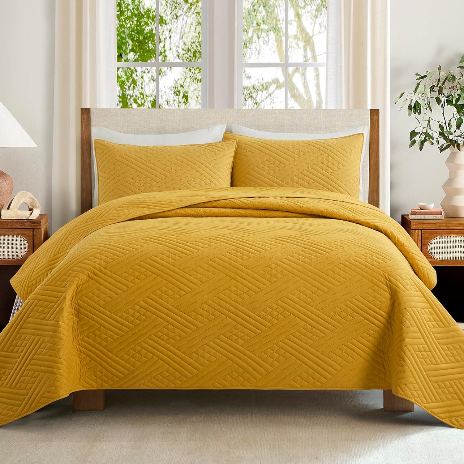 Safonory California King Quilt Set Mustard Yellow