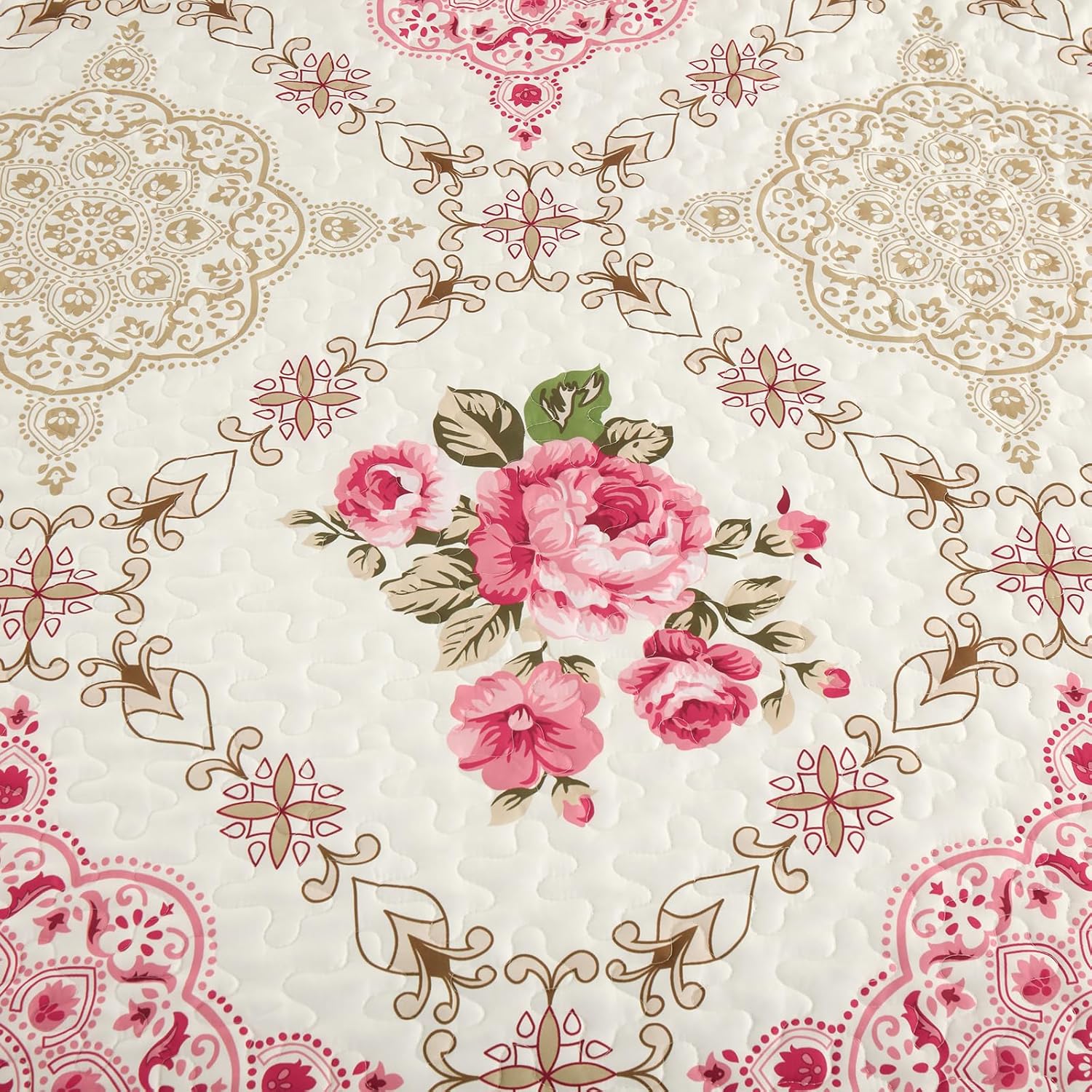 Menghomeus Pink Big Floral Reversible Quilt Set