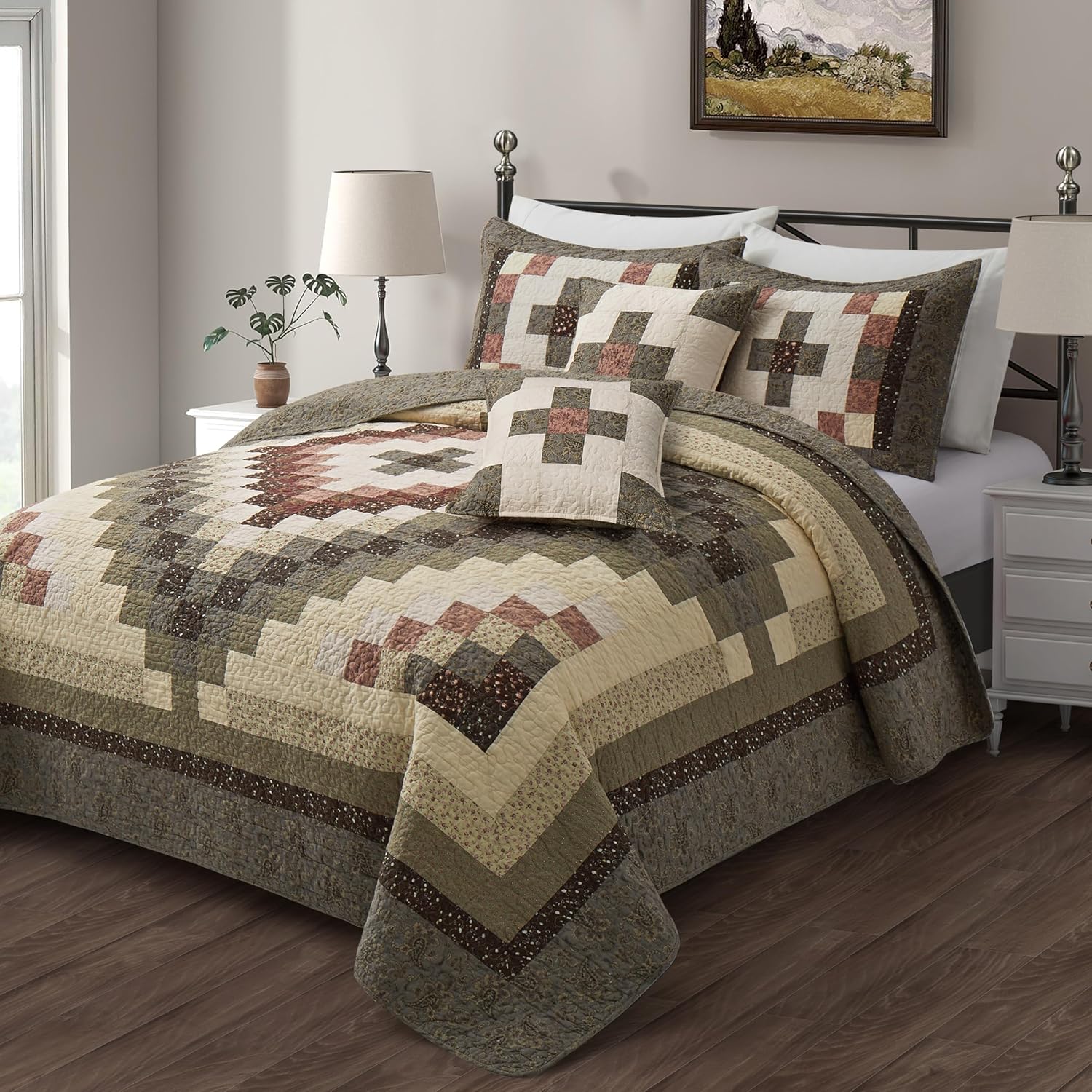 NELIFDER 5-Piece California King Quilt Set 118x102 Handmade Farmhouse Plaid Bedspread