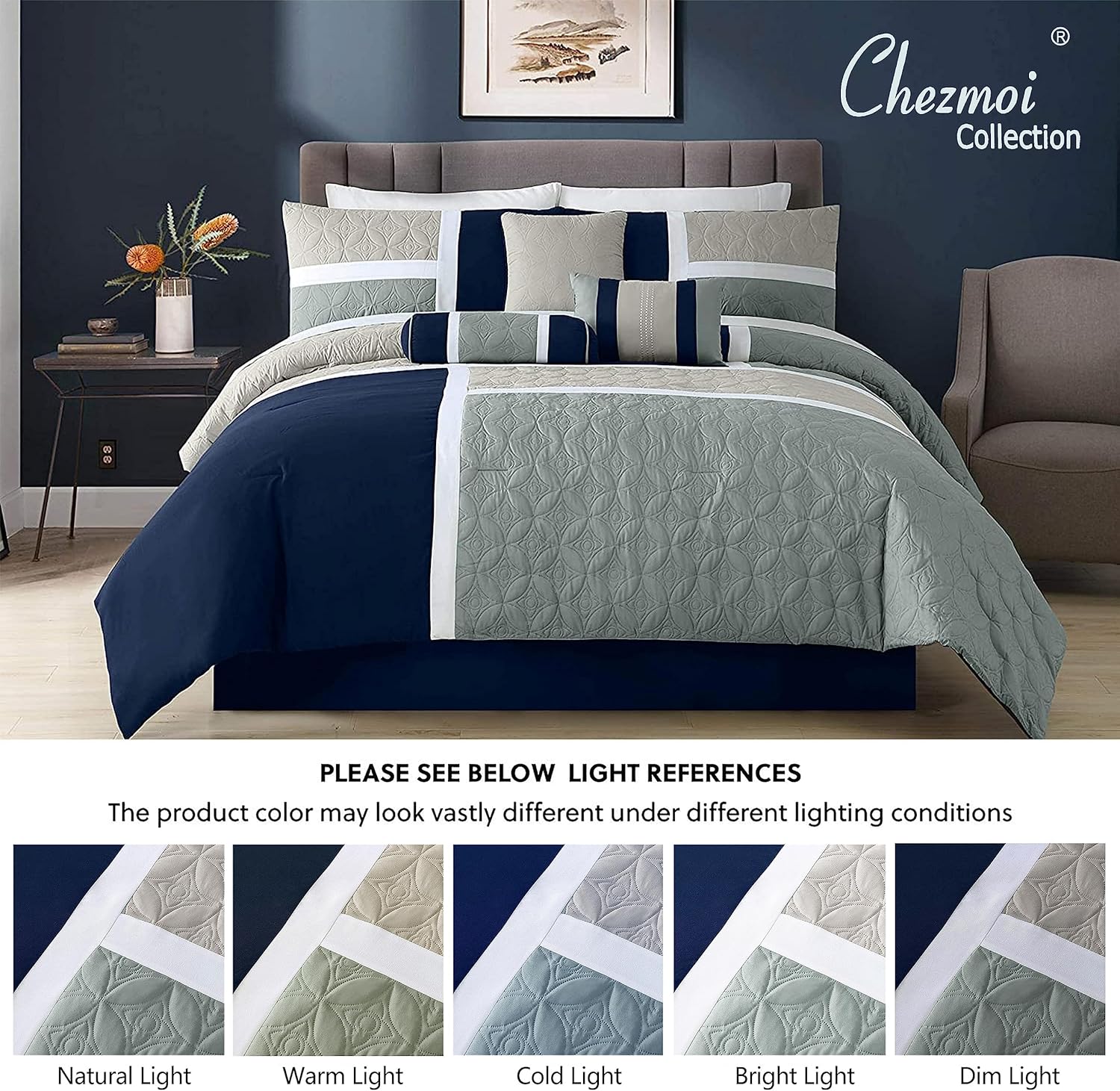 Chezmoi Upland 7-Piece Patchwork Comforter Set NavyBlueGray California King