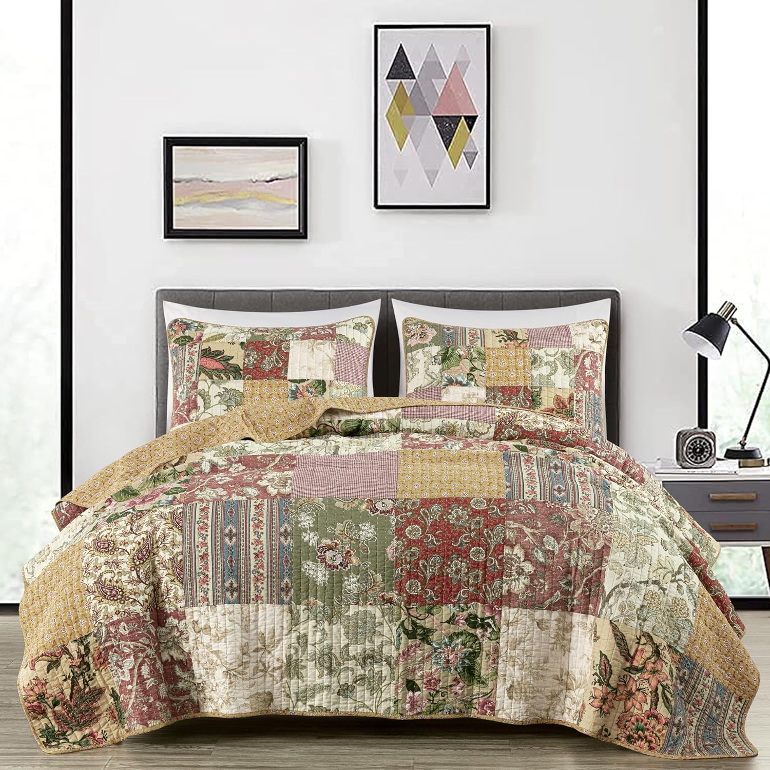Chezmoi Delaney 3-Piece Floral Patchwork Quilt Set Queen
