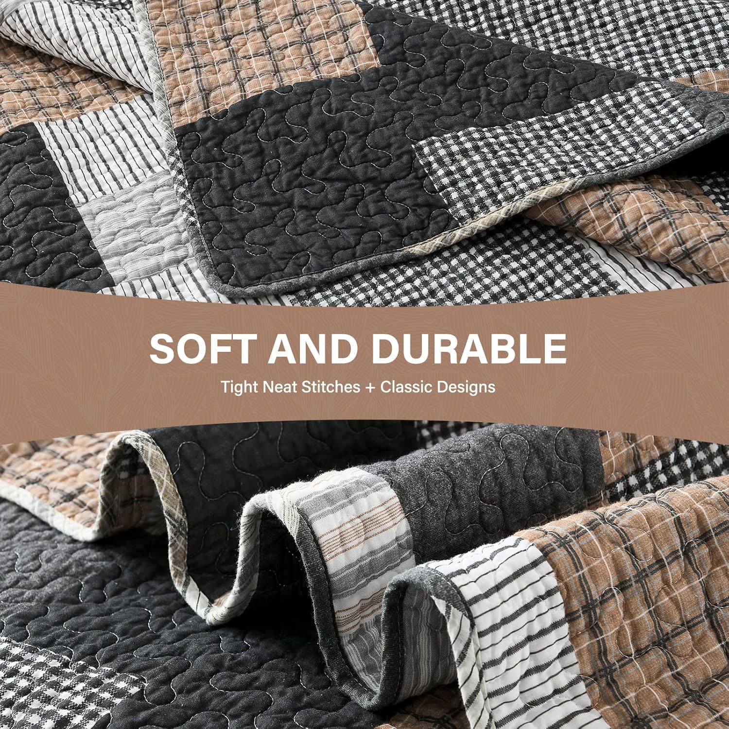 SahSahCasa King Quilt Set 3 Piece Grey Black Brown White