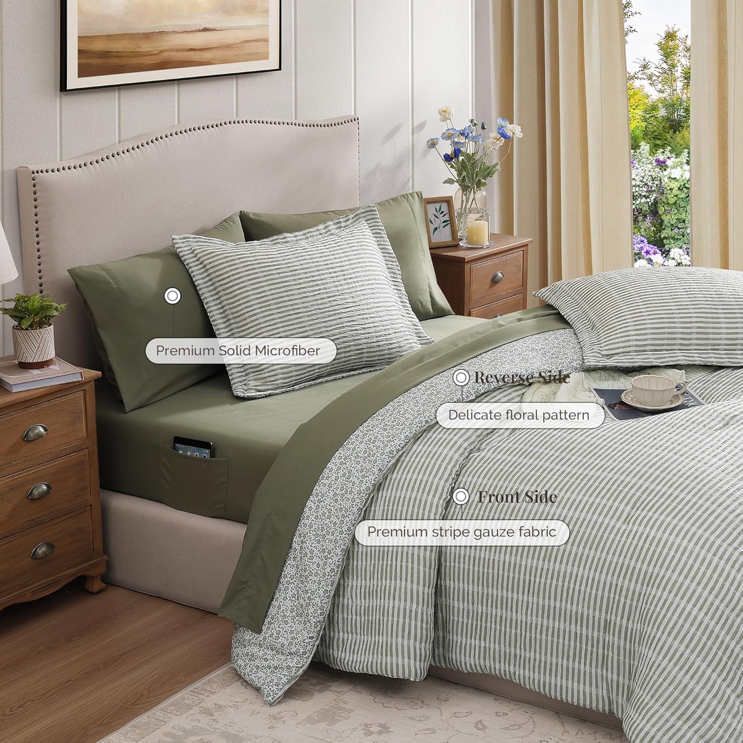 BLOOMHAVEN Full Comforter Set 7 Pieces Green Gauze Muslin Bedding