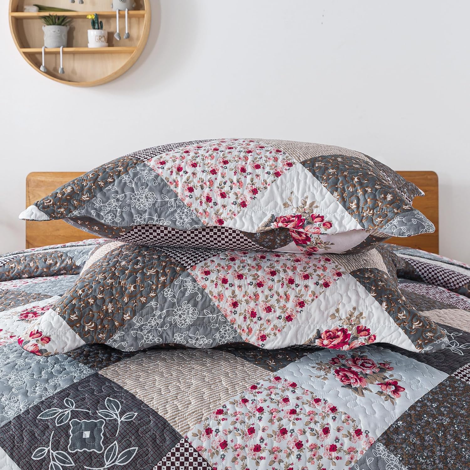 HoneiLife Queen Quilt Set 3 Pieces Grey Border