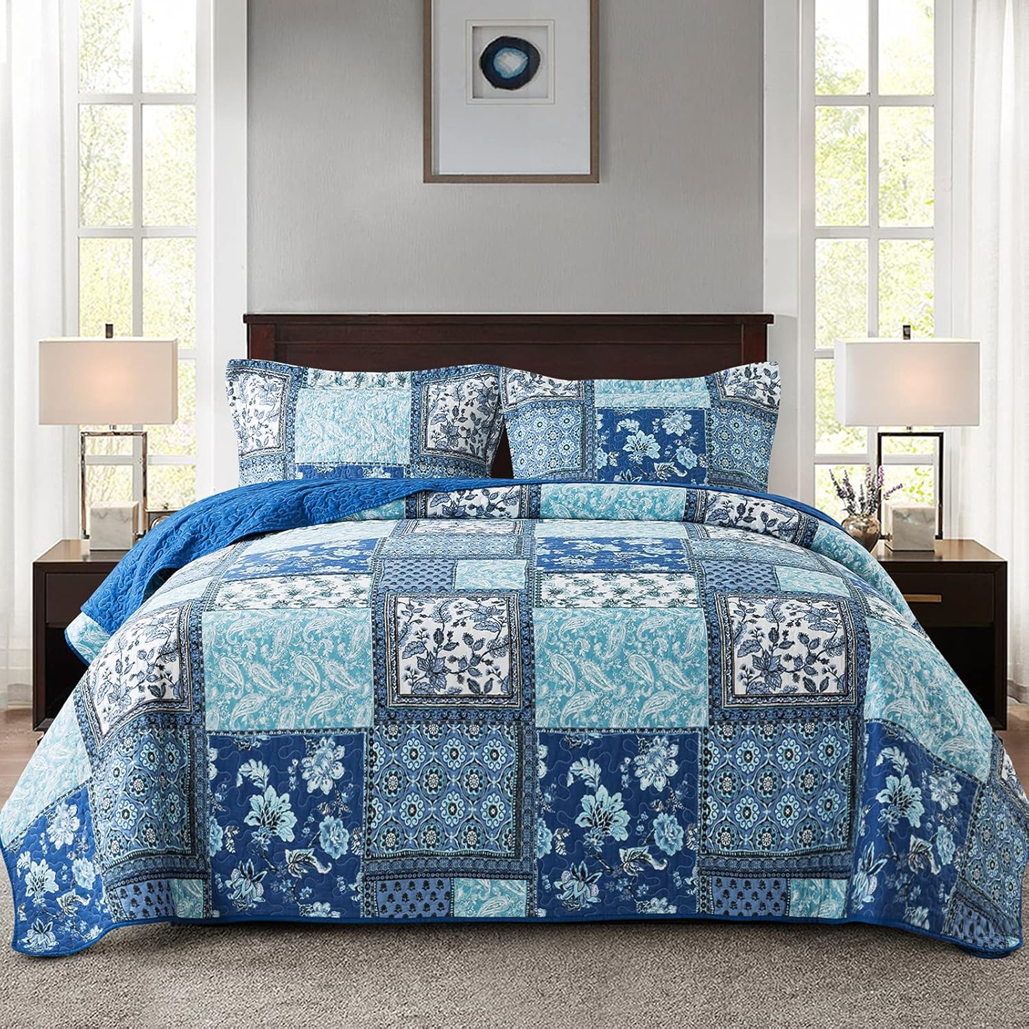 NEWLAKE Reversible Cotton Bedspread Quilt Set Queen Size
