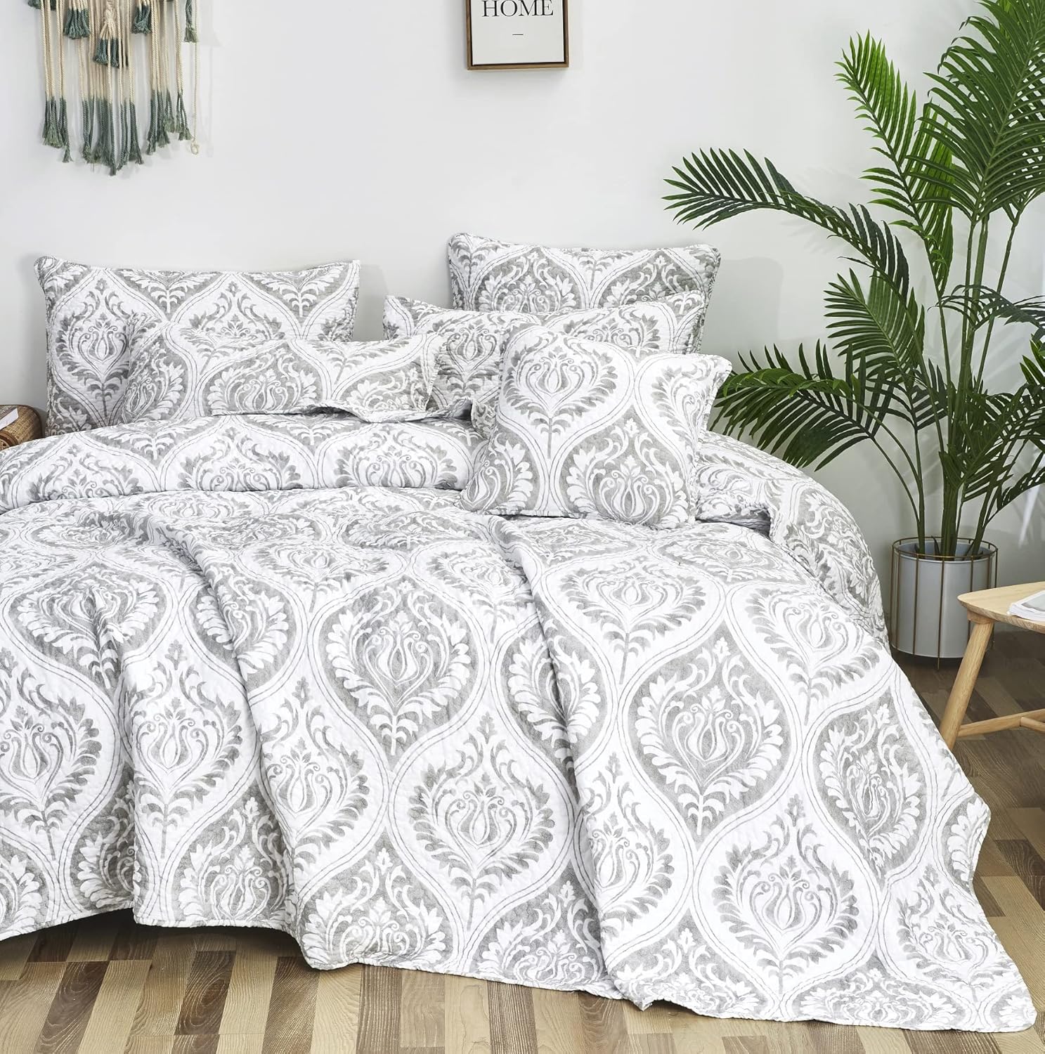 Tache Gray White Ogee Damask Quilt Set - 3 Piece California King