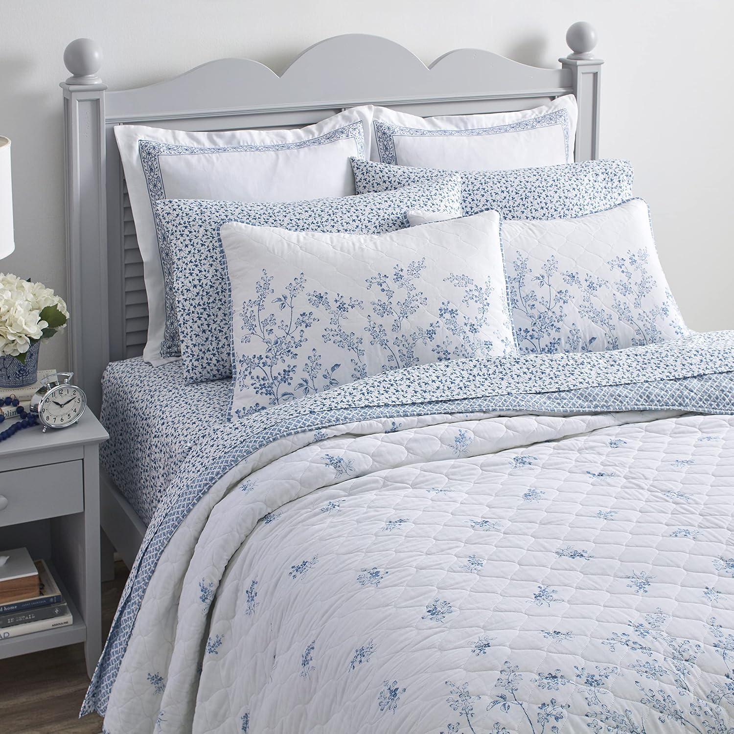 Laura Ashley Twin Quilt Set - Flora Blue Reversible Cotton Bedding