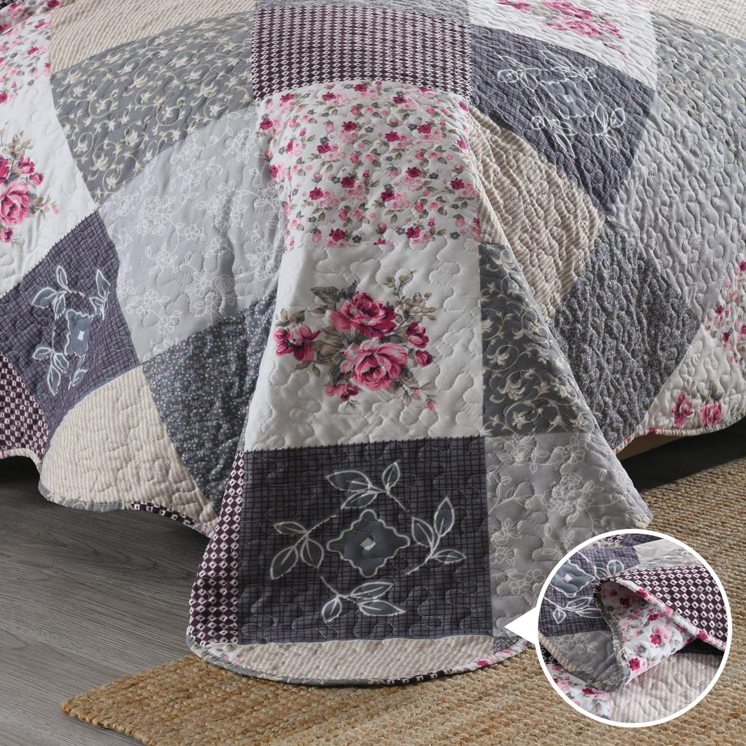 ENJOHOS Farmhouse Quilt Set King Size Grey
