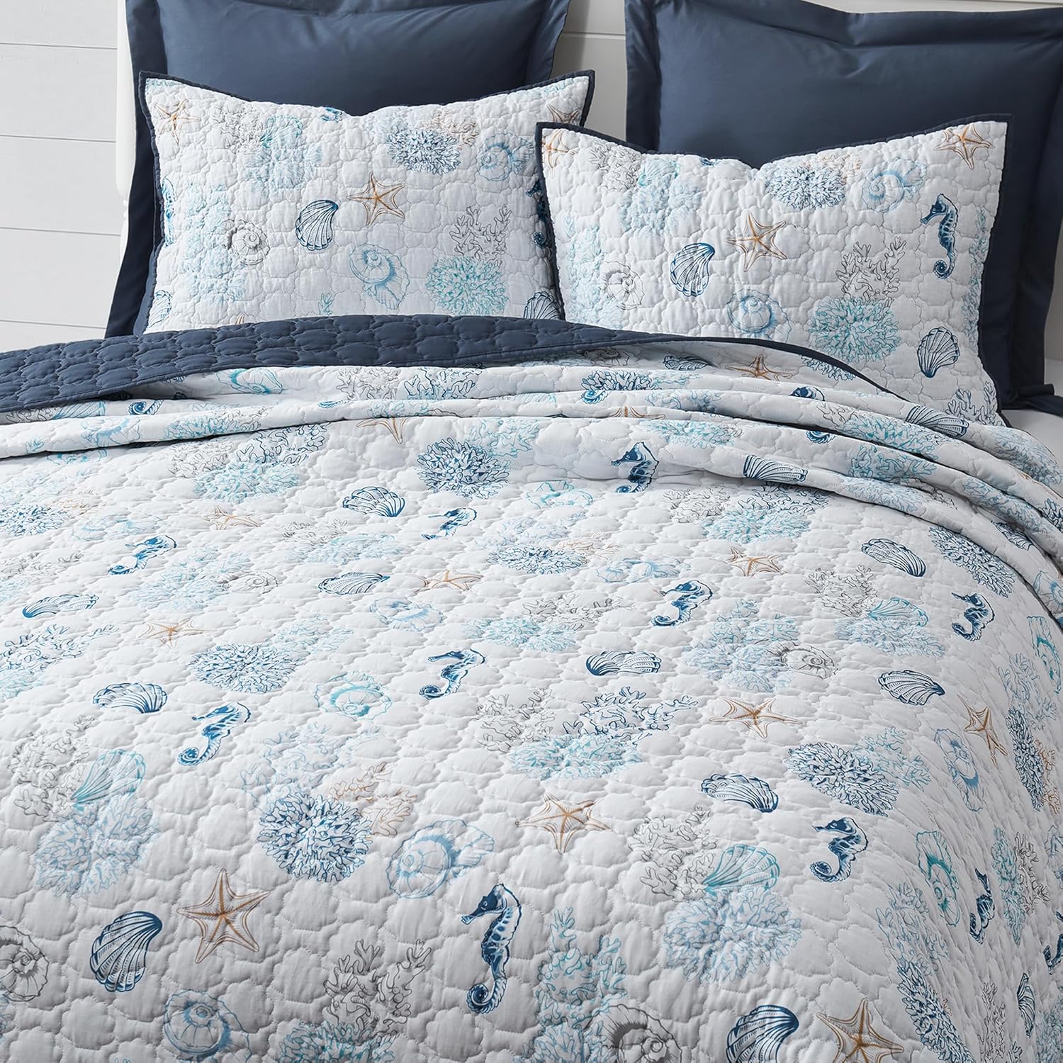 Wonderful Cotton Coastal Quilt Set King Size Reversible