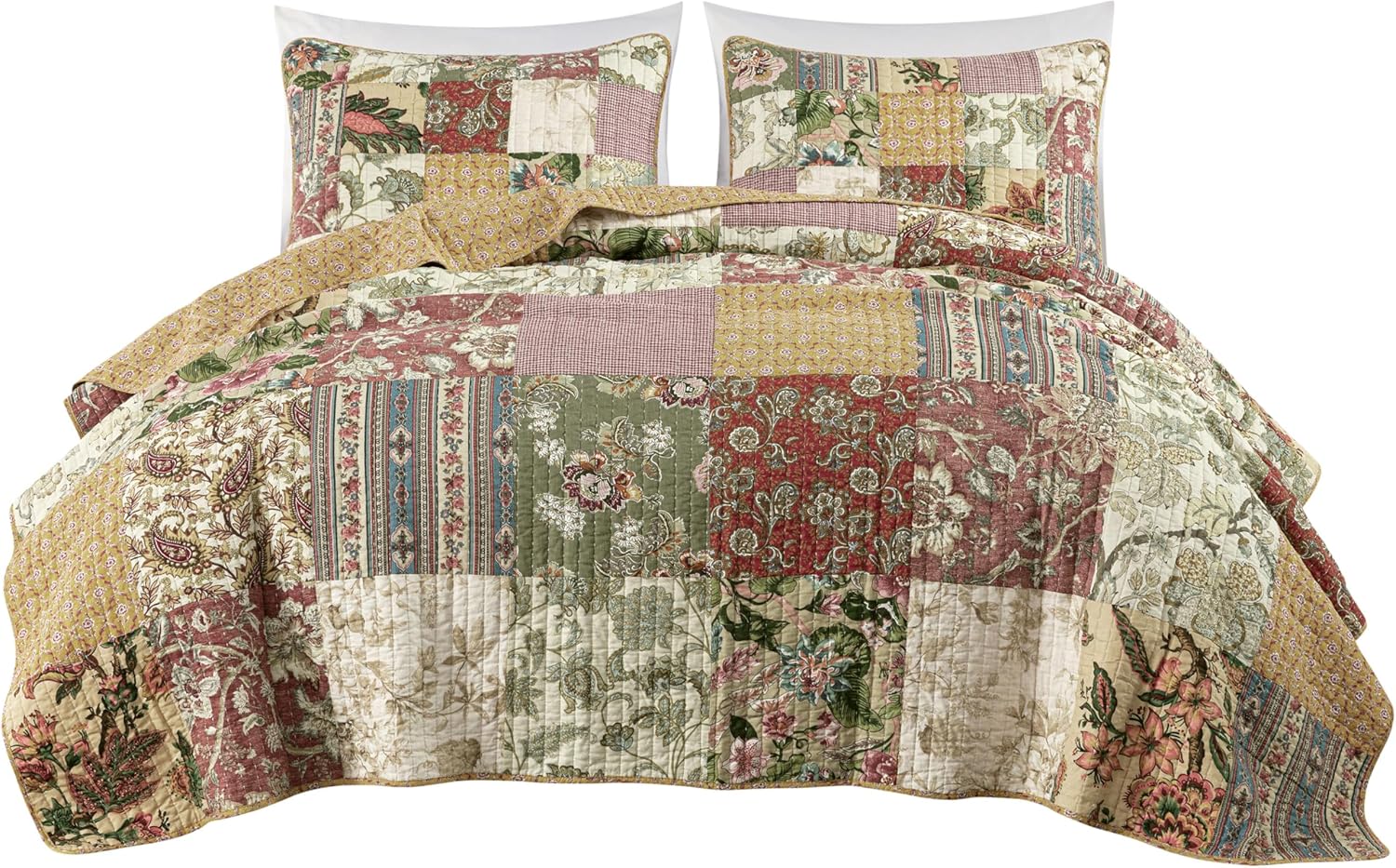 Chezmoi Delaney 3-Piece Floral Patchwork Quilt Set Queen
