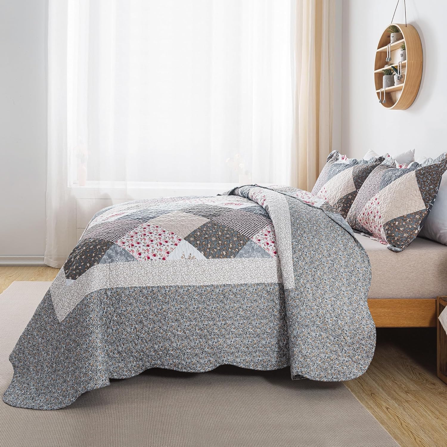 HoneiLife Queen Quilt Set 3 Pieces Grey Border