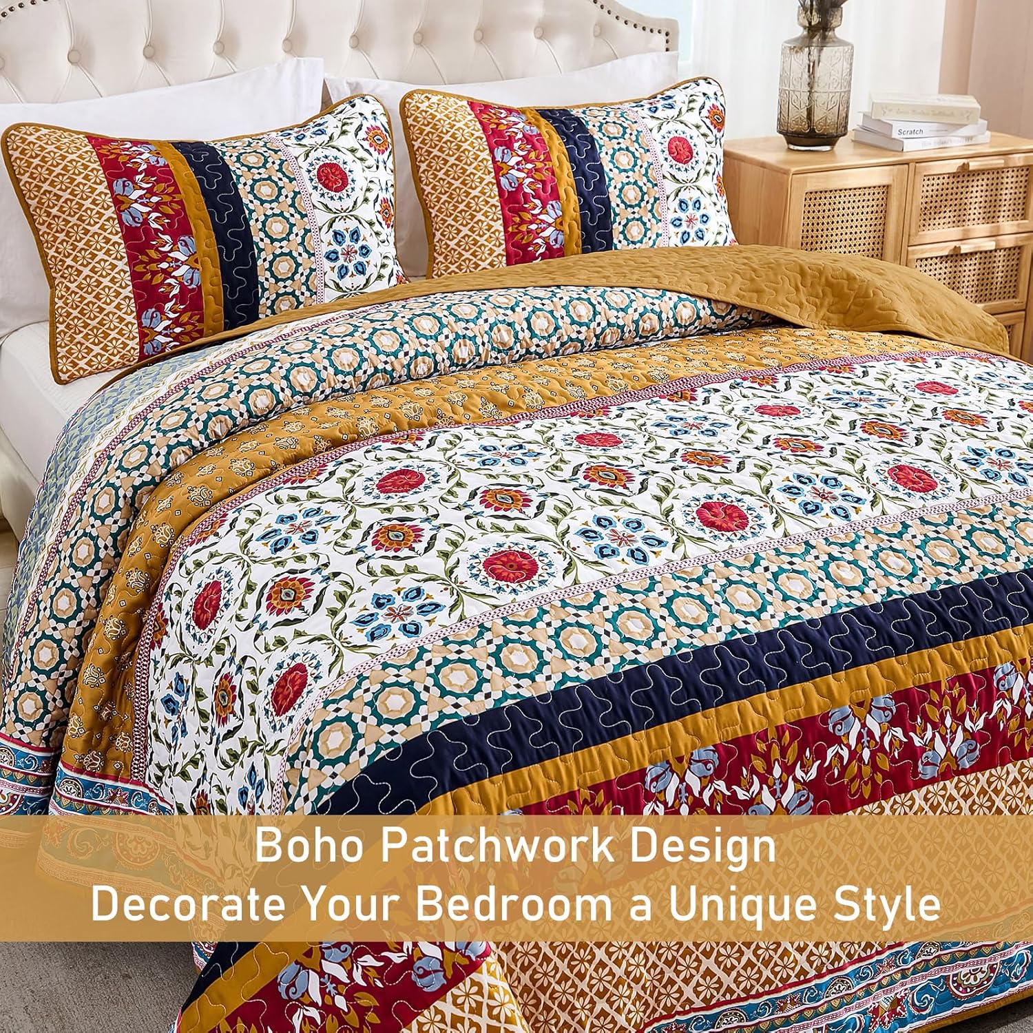 Yiran Boho Quilt Set King Size Tango Orange Patchwork Bedding
