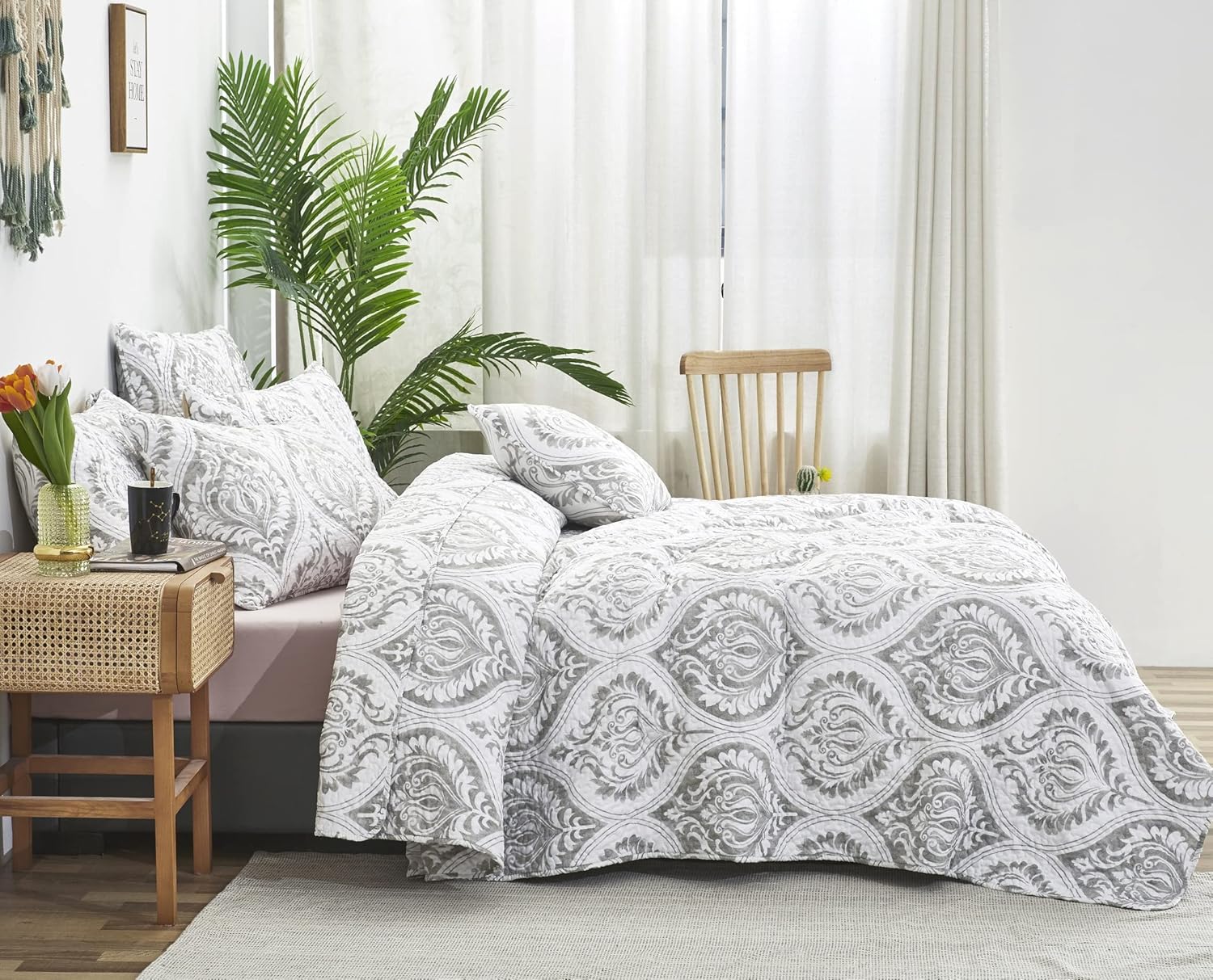 Tache Gray White Ogee Damask Quilt Set - 3 Piece California King