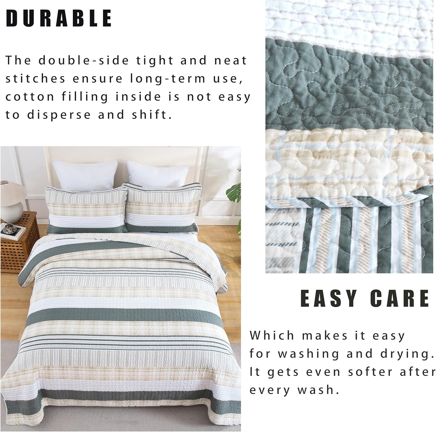 Homzard Cotton King Size Quilt Set - Beige Grey Plaid 3 Piece