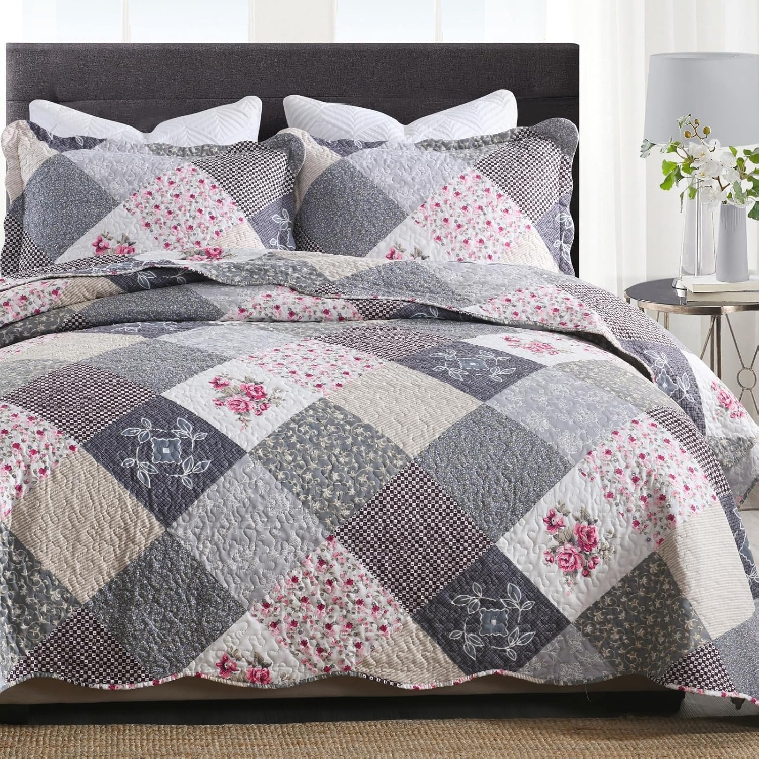 ENJOHOS Farmhouse Quilt Set King Size Grey