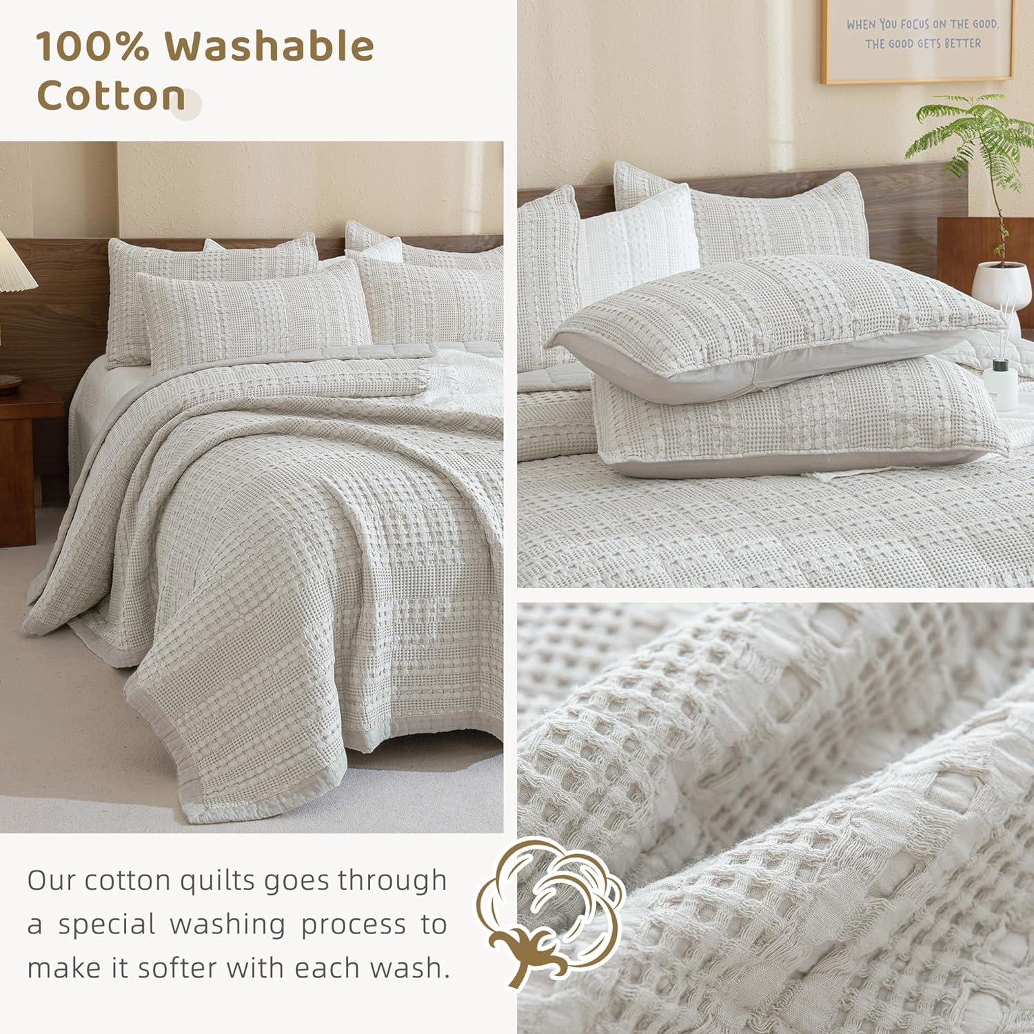 Sanracie Khaki Waffle Quilt Set 3Pcs Oversized King 1