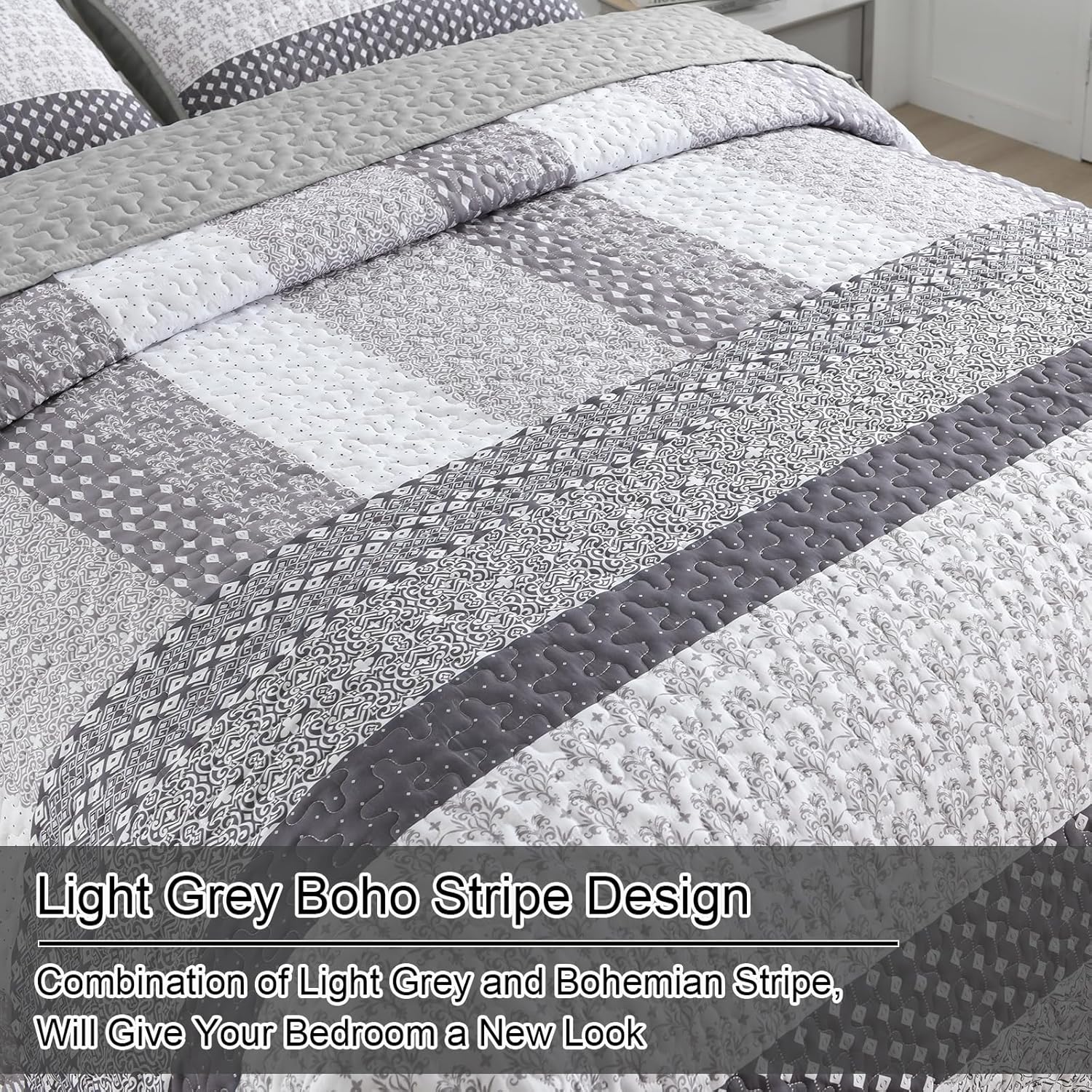 WONGS BEDDING Grey Boho Queen Quilt Set 3 pcs