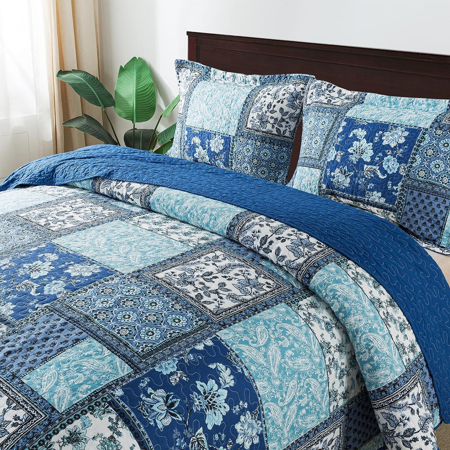 NEWLAKE Reversible Cotton Bedspread Quilt Set Queen Size