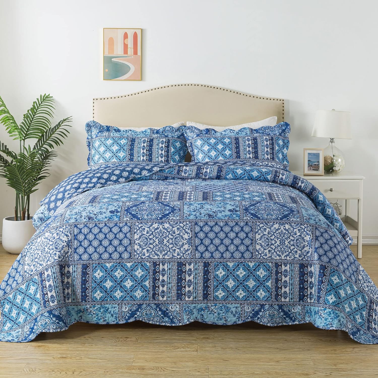 HoneiLife Blue Rustic Quilt Set Queen 3 Piece