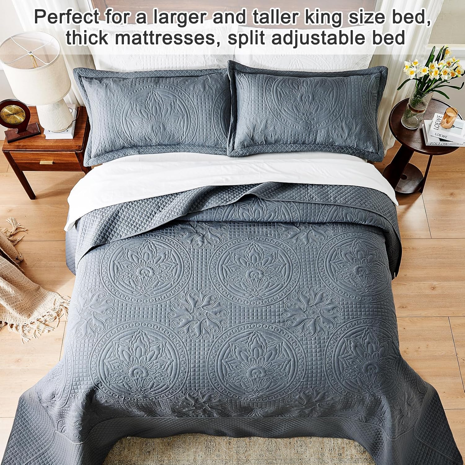 Qucover King Size Bedspread 3-Piece Set Dark Grey Persian Pattern