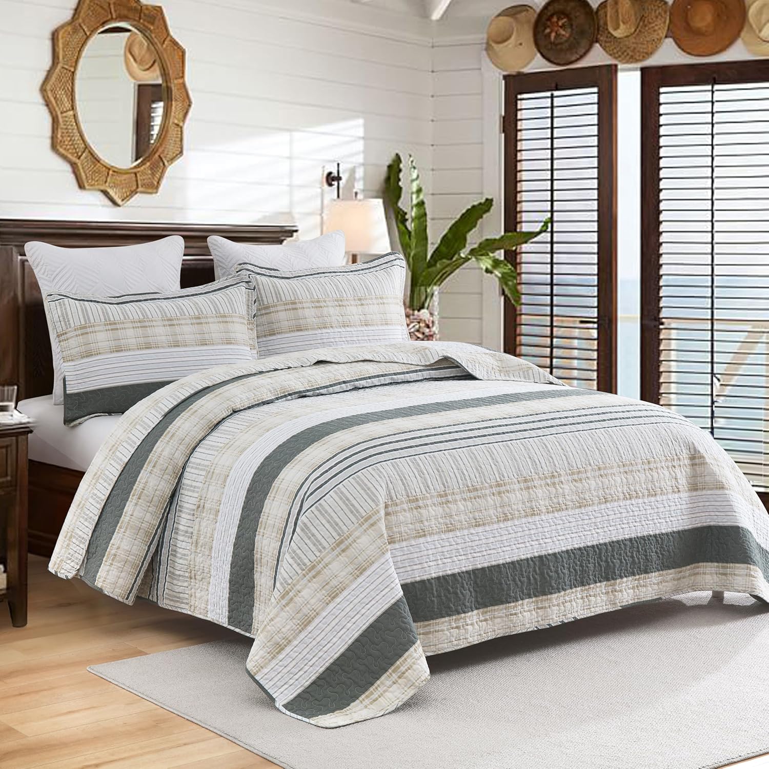 Homzard Cotton King Size Quilt Set - Beige Grey Plaid 3 Piece
