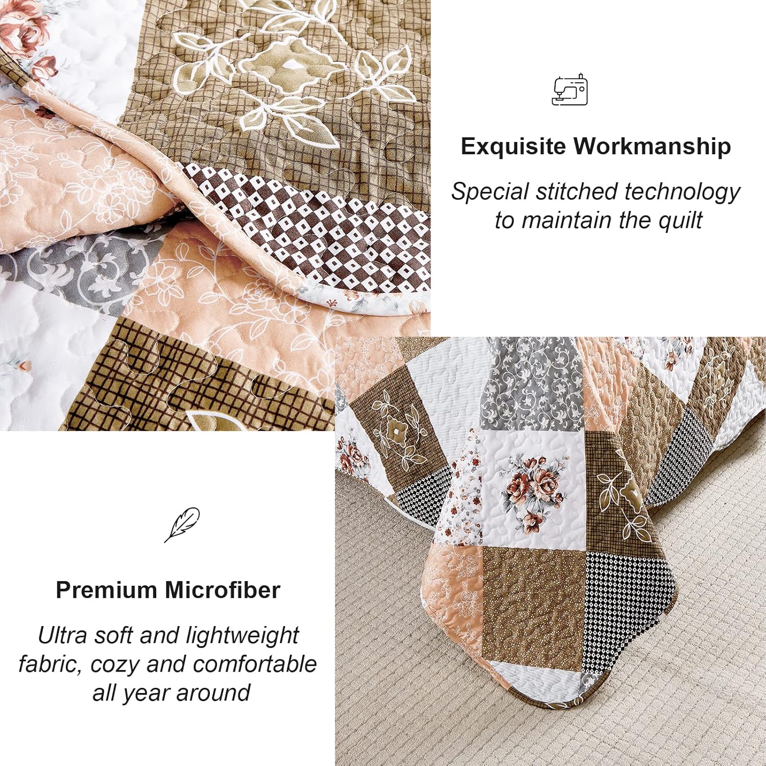 Dinjoy Floral Plaid Patchwork Quilt Set Twin Size
