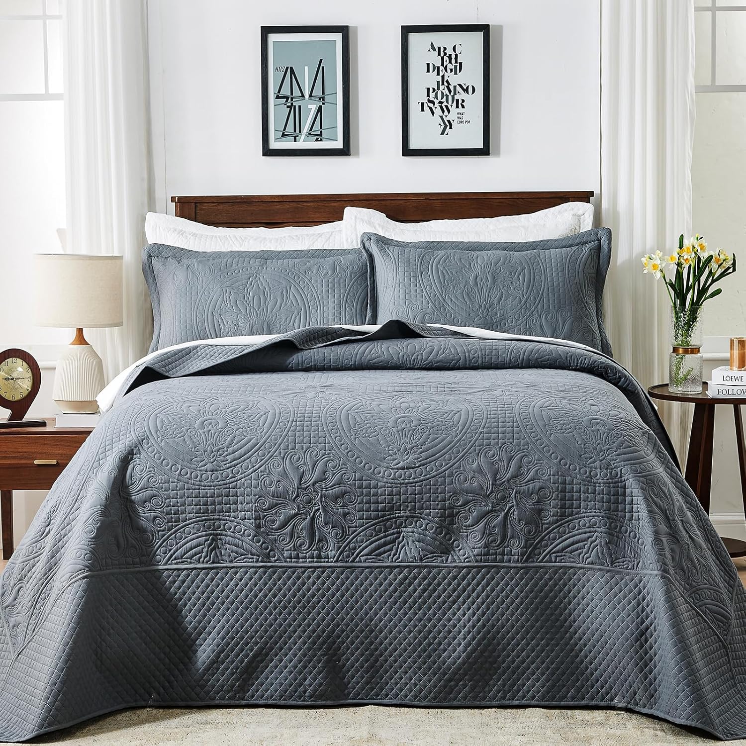 Qucover King Size Bedspread 3-Piece Set Dark Grey Persian Pattern