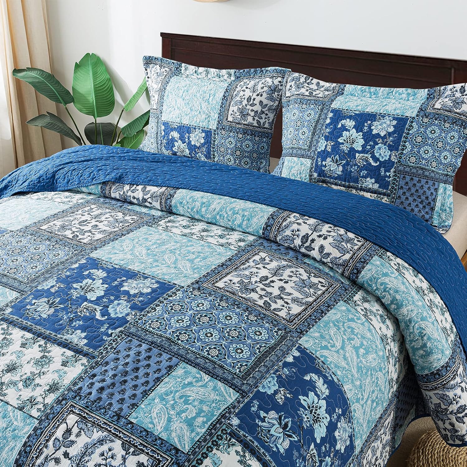 NEWLAKE Reversible Cotton Bedspread Quilt Set Queen Size