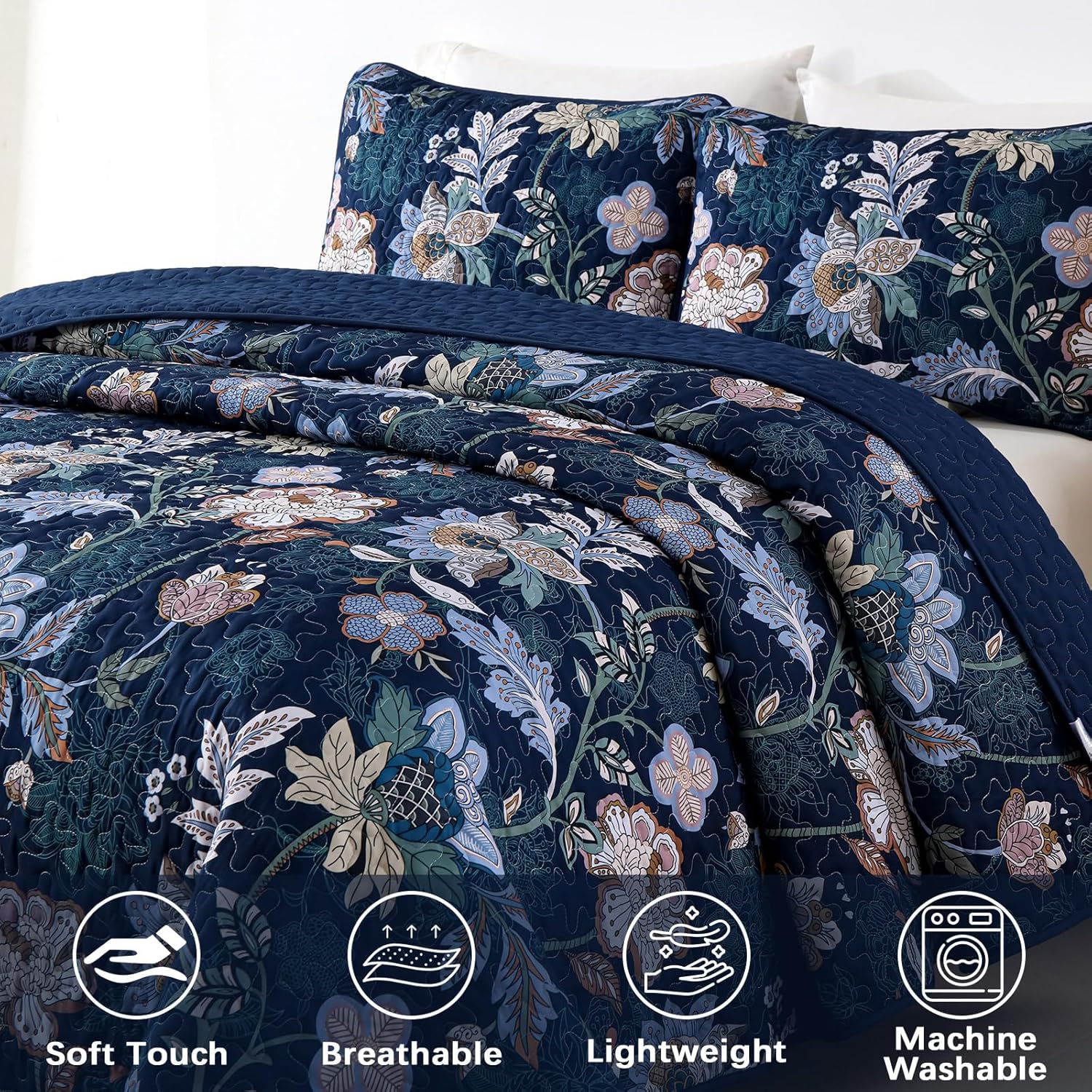 WONGS BEDDING Queen Quilt Set 3 PC Navy Blue Floral Bedspread