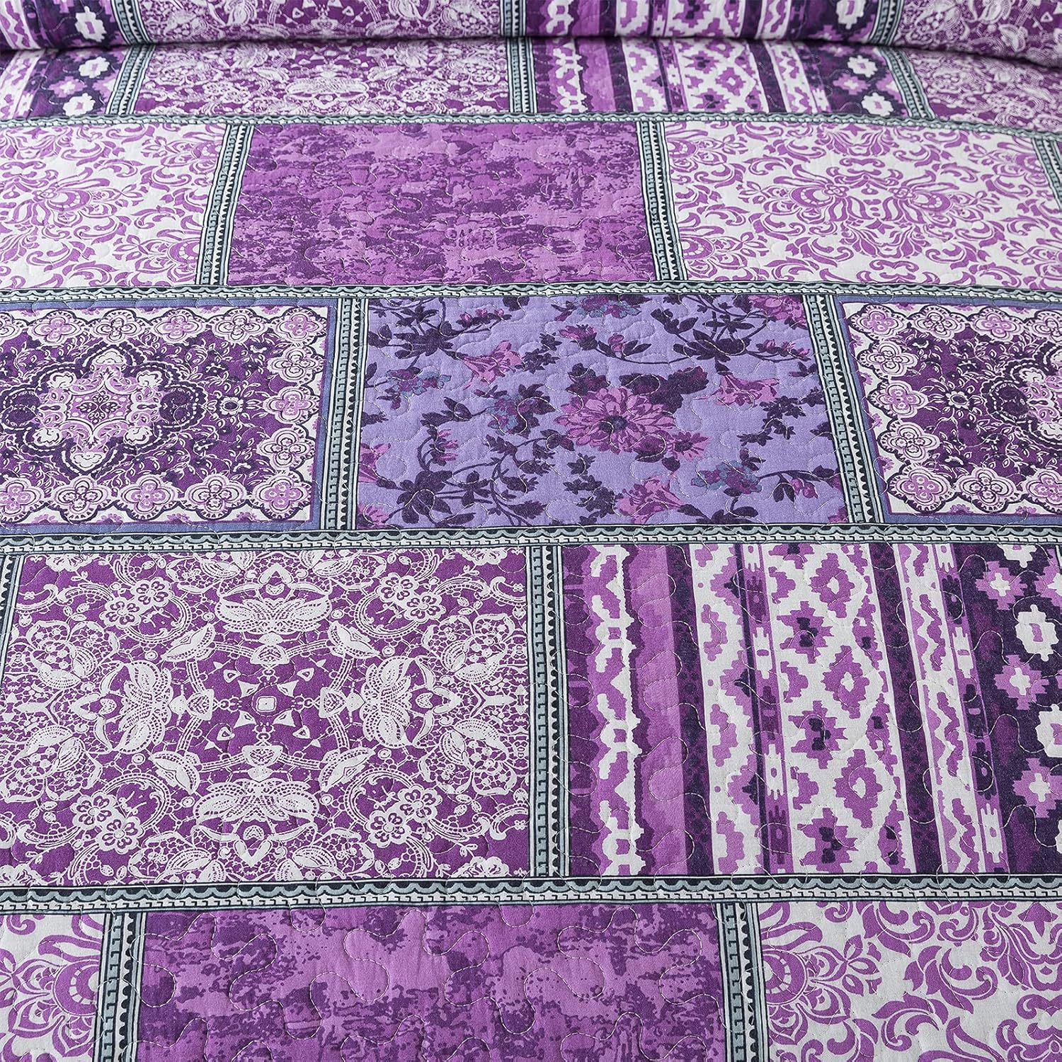 NEWLAKE Reversible Patchwork Quilt Set Purple Bohemian King Size